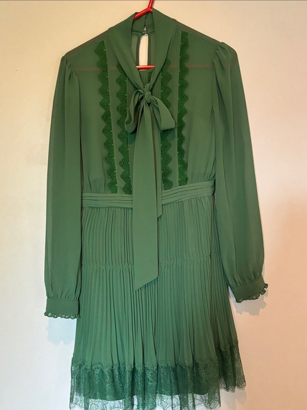 Self-Portrait Emerald Green Long-Sleeve Bow-Tie Pleated Lace Dress